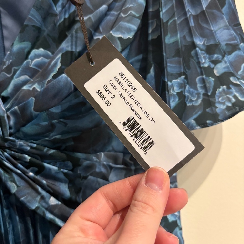 THEIA Mabella Blue Floral Pleated Satin Twist A-Line Gown Flutter NWT 2 - Picture 7 of 12